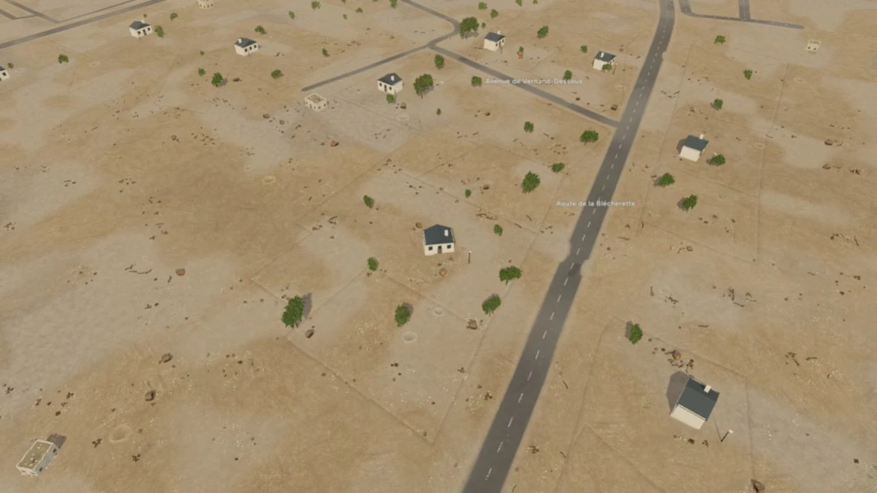 Vue du jeu Riseham : des maisons isolées et des routes traversent un paysage de terre et de ruines.